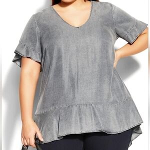 City Chic Pared Frill Top – black wash BlackWash